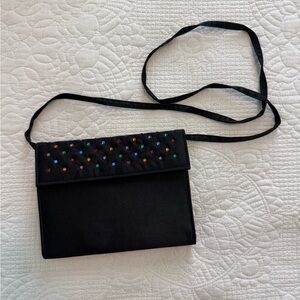 Vintage Shirl Miller Black Satin Purse Clutch Multicolor rhinestone Stud Accents